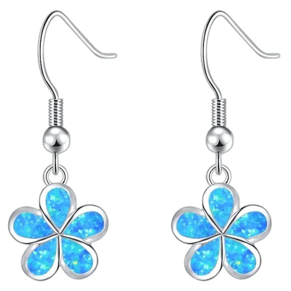 18K White Gold with Genuine Blue Fire Opal Dangling Flower Drop Hook Earrings